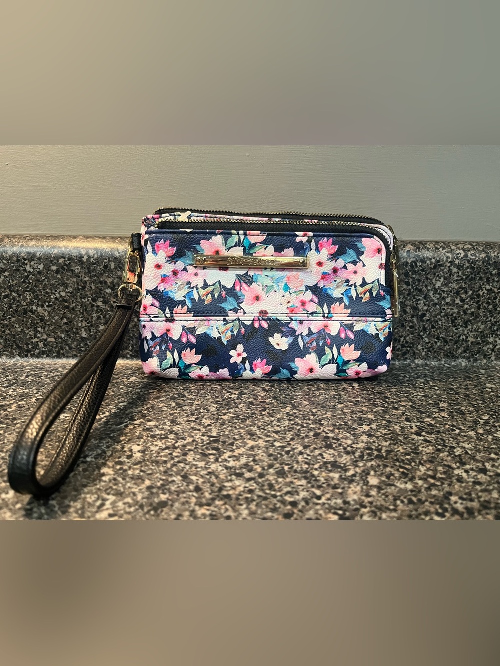 Betsey Johnson Navy Floral Wristlet with Pink & Teal Accents
